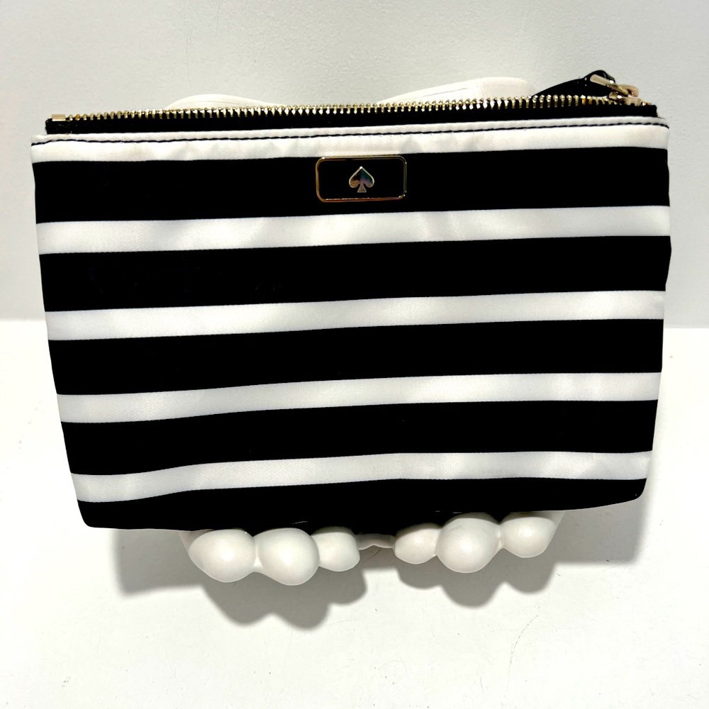 Kate Spade Medium Double Zip Nylon Wristlet Black and White Stripe